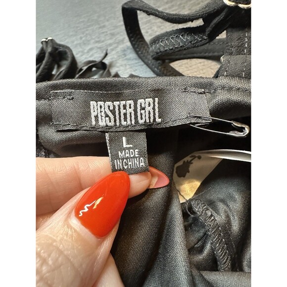 Poster Grl Dolls Kill RODEO TIES FRINGE BRA TOP Sz Large Faux Black Suede #1145 - Picture 5 of 9